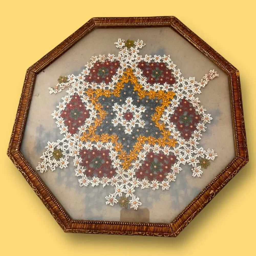 Vintage 20s Beading Under Glass Vanity Tray Framed Wall Decor Framed Flapper